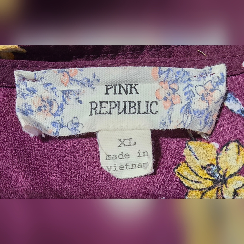 Pink Republic Womens Plum  Floral Blouse w Roll Tab Sleeves w/Tie Front Size XL - Picture 4 of 9